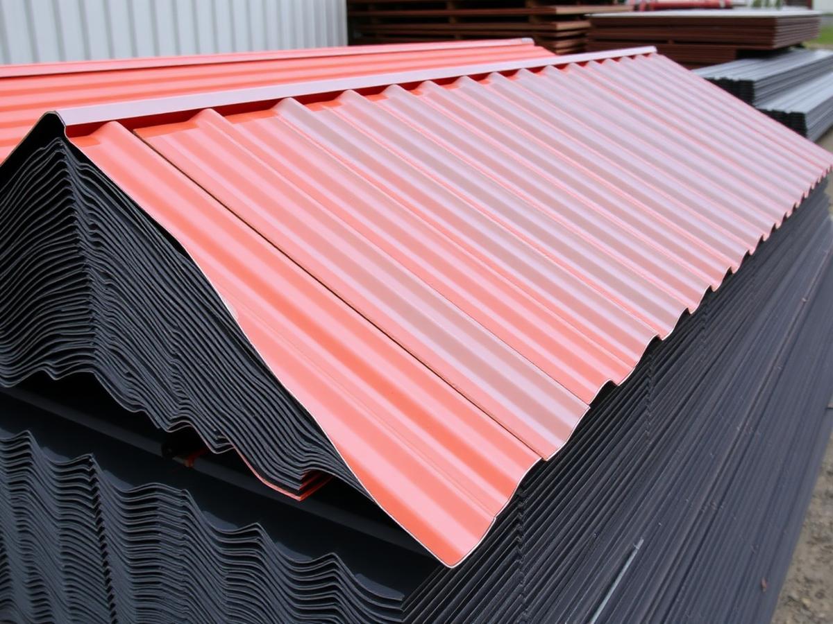 Stacks of premium metal roofing panels in copper and charcoal at Conco supply yard