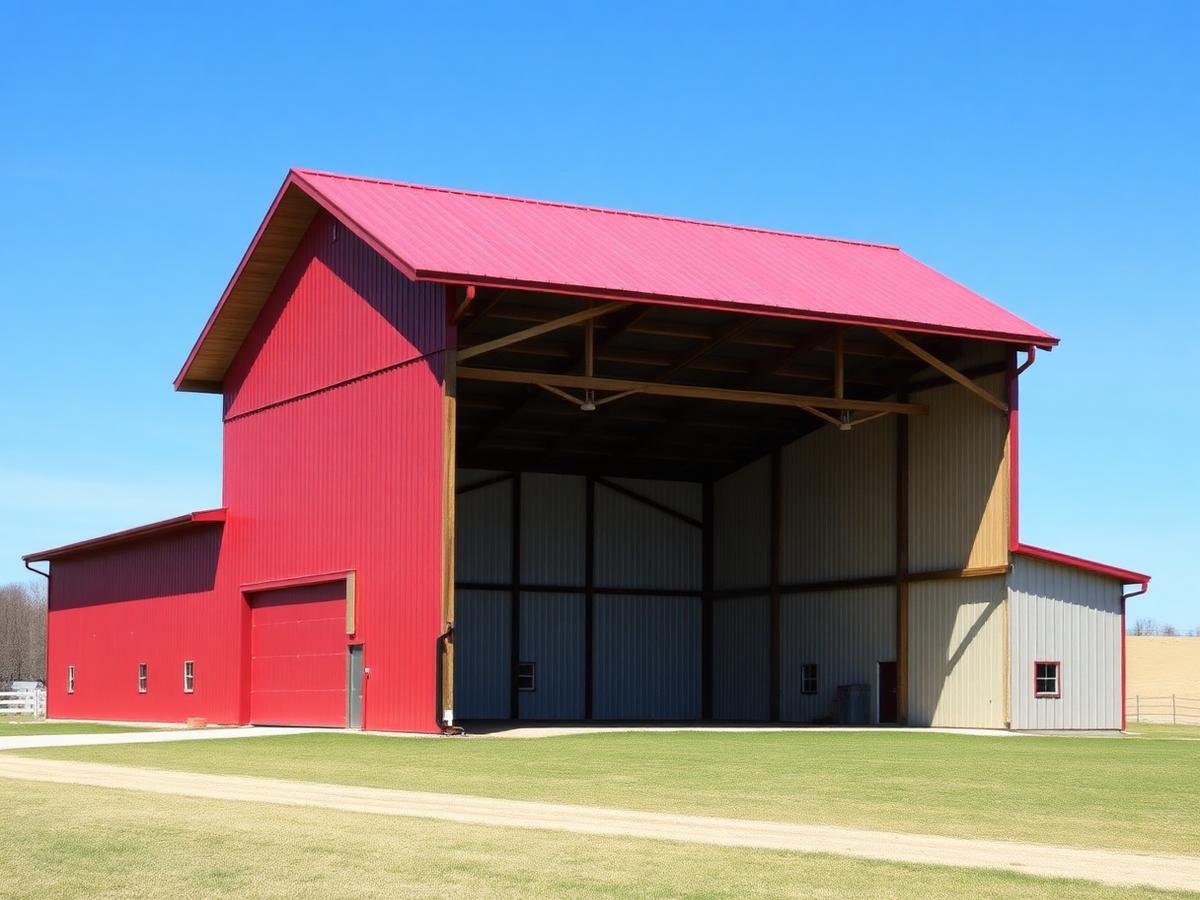 Pole barn with red metal roof and white siding in rural Middle Tennessee