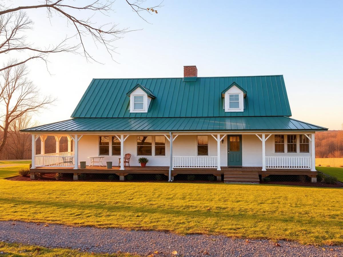 Tennessee farmhouse with green standing seam metal roof and wraparound porch