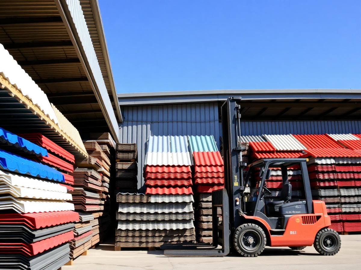 Conco metal roofing supply yard with stacks of colored panels